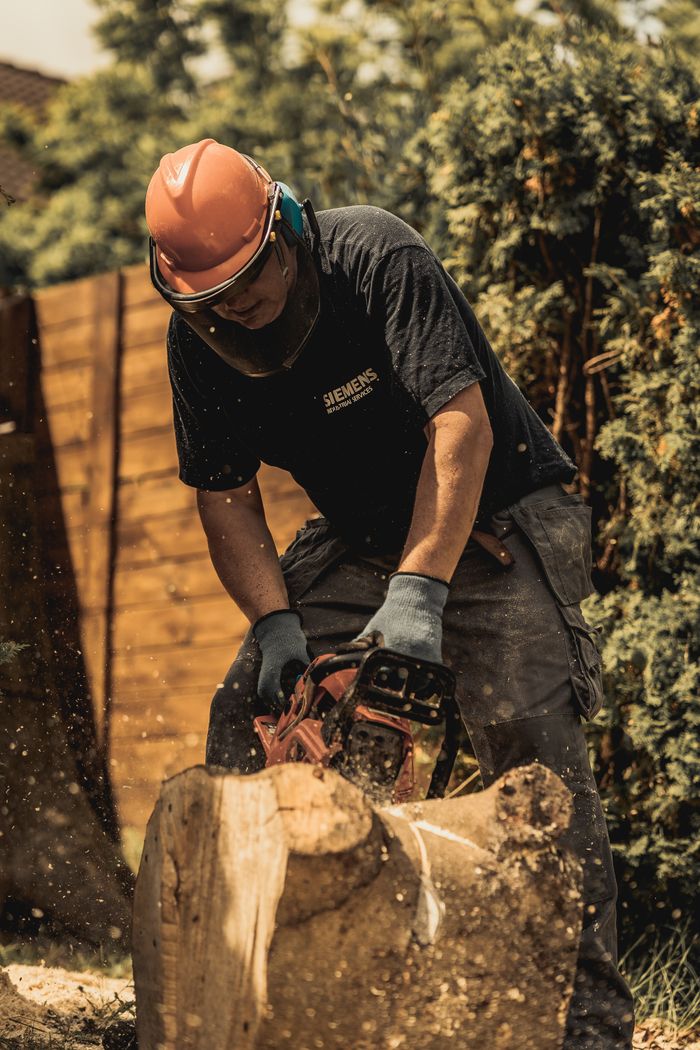 journey-img A lumberjack in protective gear uses a chainsaw to cut a log in a garden setting.